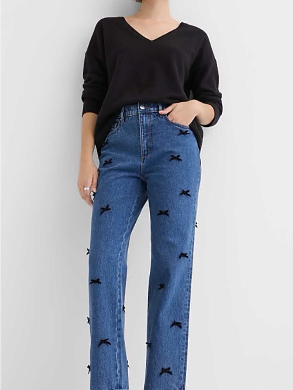 LOFT Velvet Bow High Rise Straight Jeans in Bright Mid Indigo Wash | Size 28/6